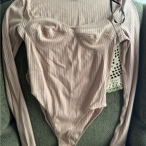 Forever 21 Cream Ribbed Long Sleeve Bodysuit